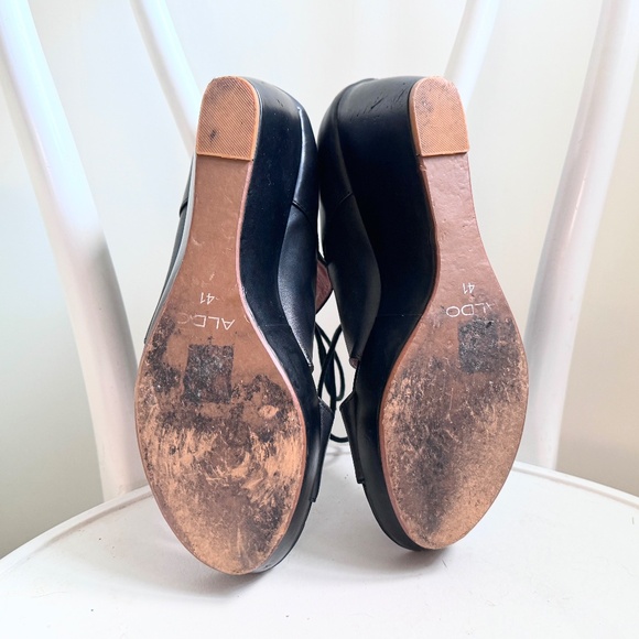 Black Leather Wedge Sandals Lace up Size 41 - Picture 4 of 4